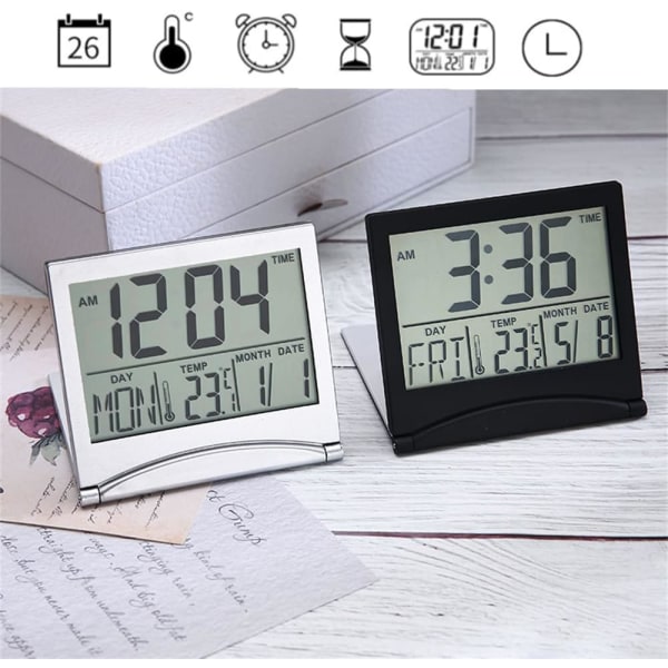 Hopea digitaalinen herätyskello Työpöydän lämpötilan LCD-näyttö（Musta）
