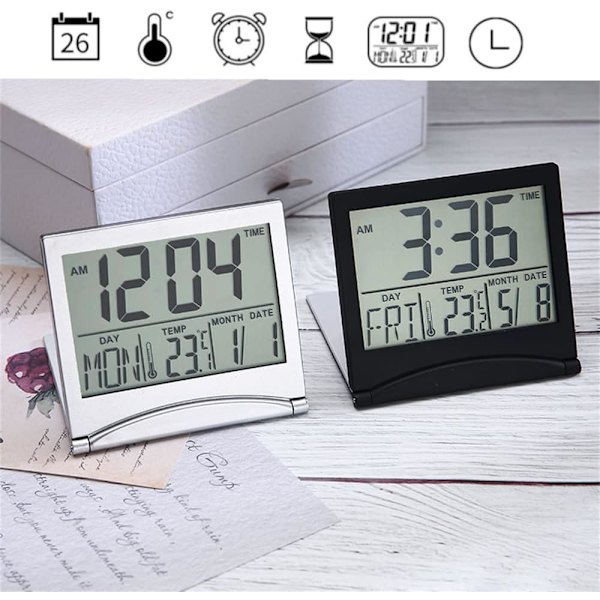 Sølv Digitalt Vækkeur Skrivebord Temperatur LCD Display