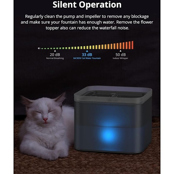 2L, Tyst Katt Vatten Dispenser med Utbytbart Filter, Grå