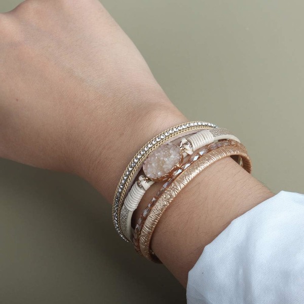 Læder Wrap Armbånd Boho Manschet Armbånd Krystal Perle Armbånd w