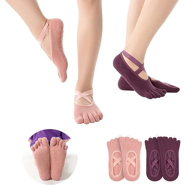 Toes Pink&Purple Yogasokker til kvinder, skridsikre med greb med T