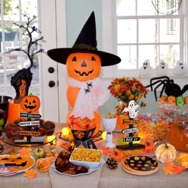Sett med 2 Halloween-senterstykker i tre, senterstykke i tre, gresskar