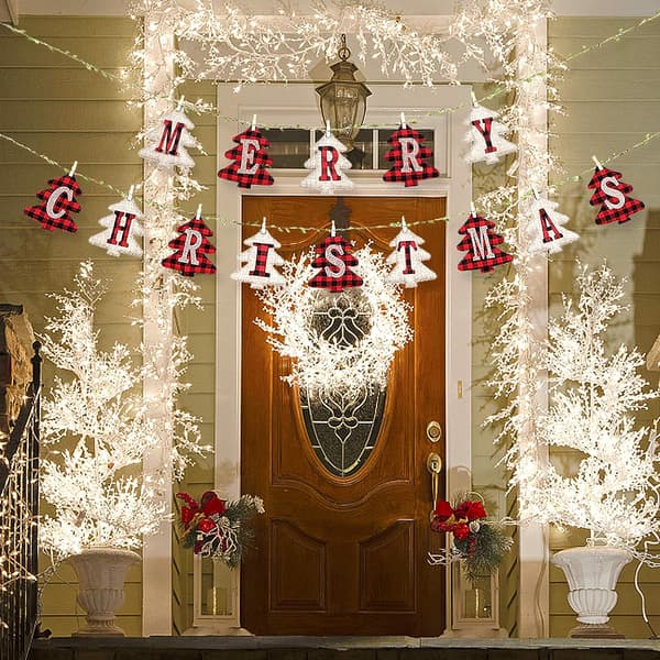 Glædelig Jul Banner, Ternet Burlap Juletræ Vimpel