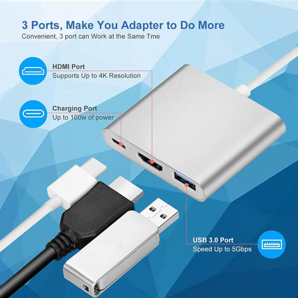 4K USB C till HDMI-adapter, 3-i-1 typ C-omvandlarkabel för MacBo
