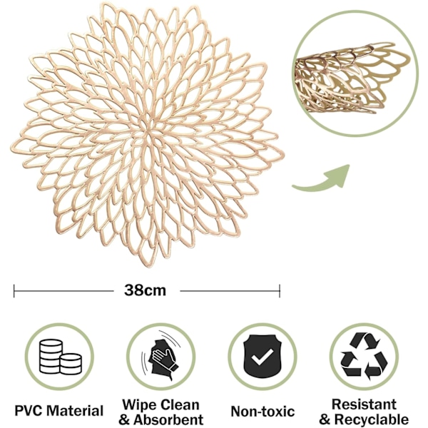 6 kpl sarjaa pyöreitä PVC-pöytäastioita kultaisena, pestäviä ja h