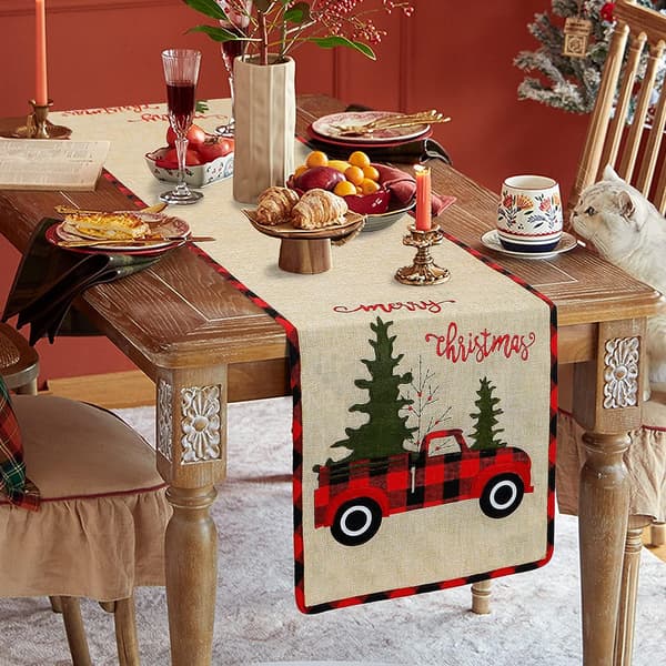 Rustik Lastbil og Buffalo Plaid Burlap Julebordløber Embr