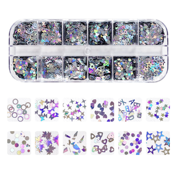12 ruudukon laatikko laser hopea kynsi glitter, vaahteranlehti tähti sydän DIY