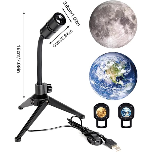 Måneprojektor, 2 i 1 projektionslampe, USB-genopladelig, 360 roterende