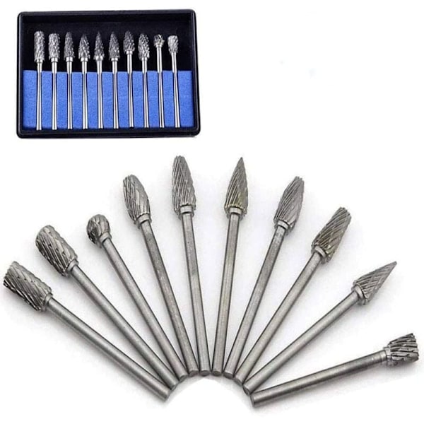 10 stk Tungsten Carbide roterende burrsett med slipehode for Dre