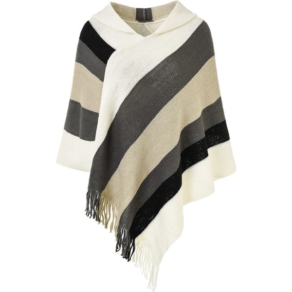 Crochet Poncho with Fringe for Women - Scarf with Bold Stripes, S