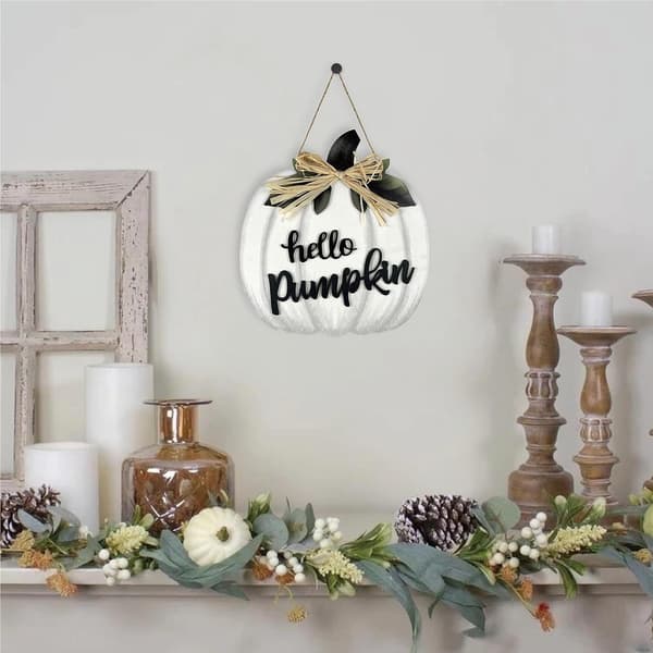 Höstdekoration för ytterdörr, träskylt med texten Hello Pumpkin