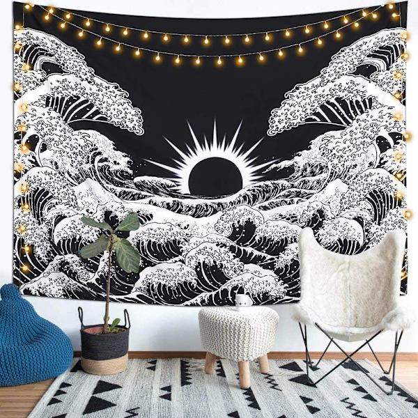 Mandala seinävaate Tapete Suuri aalto auringonlaskun valtameren musta