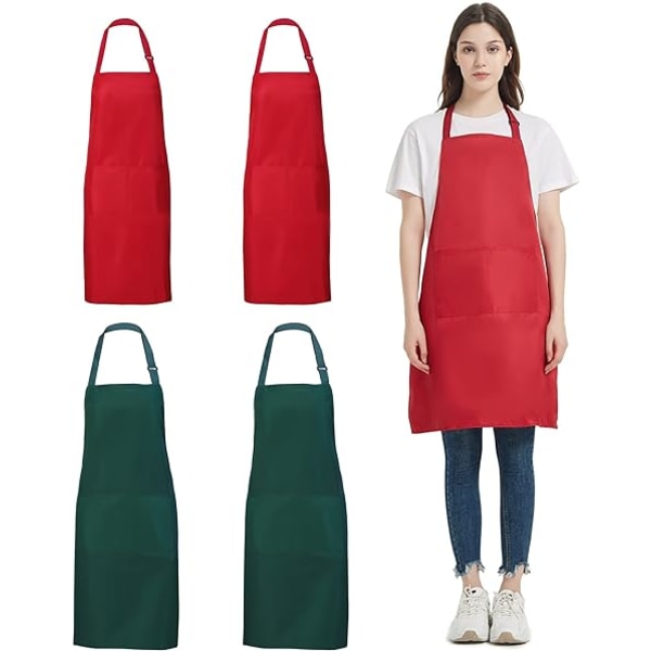 4 pakke kokkeforklæder, 2 grønne og 2 røde forklæder med 2 lommer, vandpr
