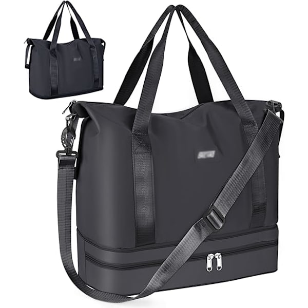 (Svart) Weekend Reiseveske Skulder Bag, Tørr og Våt Separat Duff