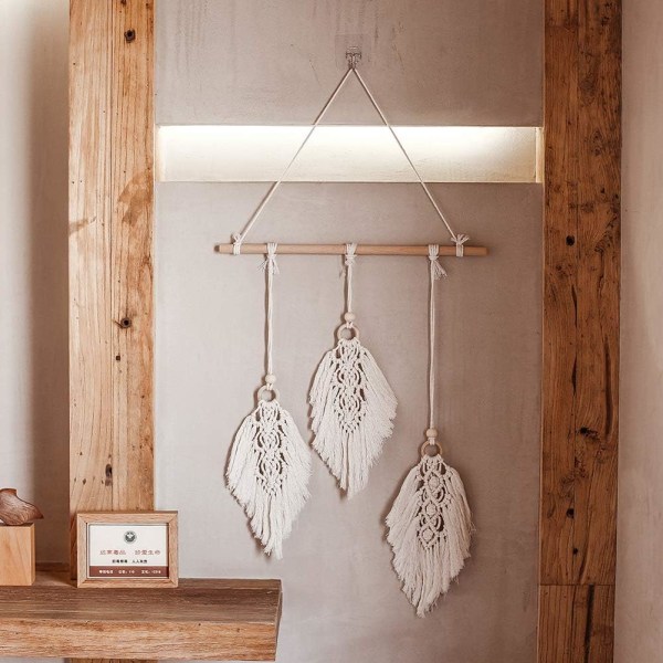 Macrame Væghængende Vævet Tapestry Boho Decor Leaf Feather Handm