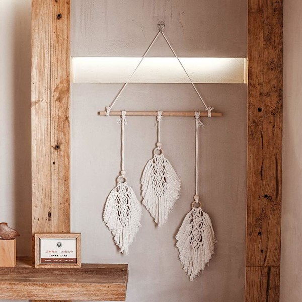 Macrame Vægophæng Vævet Gobelin Boho Dekoration Blad Fjer Håndlavet