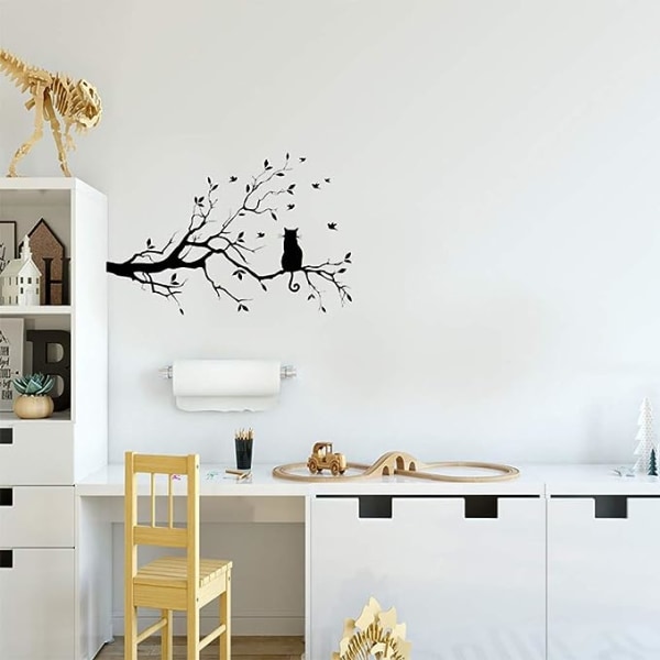 Branch Leaves & Cat Wall Decal Sticker Flyttbar Vinyl Bird Wall