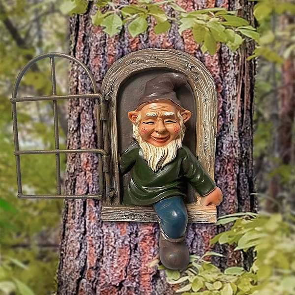 Elf Out the Door Tree Hugger, Polyresin Garden Gnome Statue,Whims