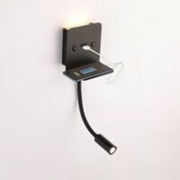 Væglampe + 3W LED-læselampe med USB-port Sort