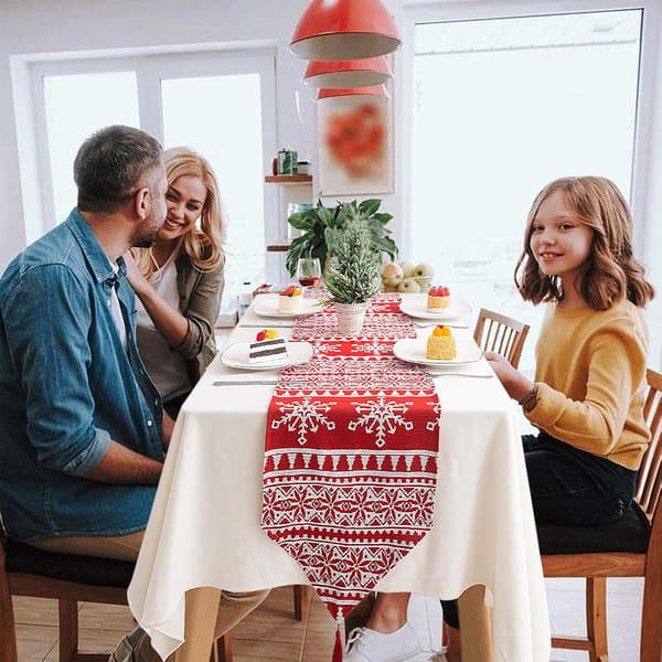 Snöflinga Älg Jul Bordslöpare, Röd Bomull Jul Dekor