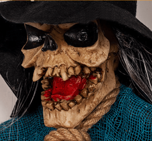 Animatronisk talande häxdekoration, orange lysande ögon och