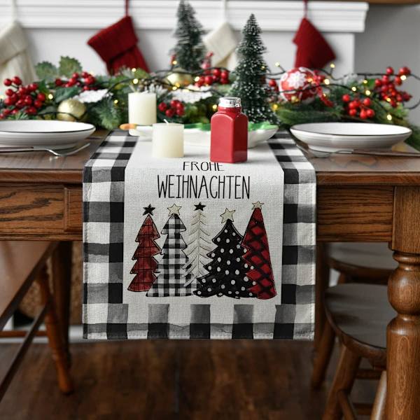 Plaid Træer Jul Bordløber, Vaskbar Moderne Vinter Kitche