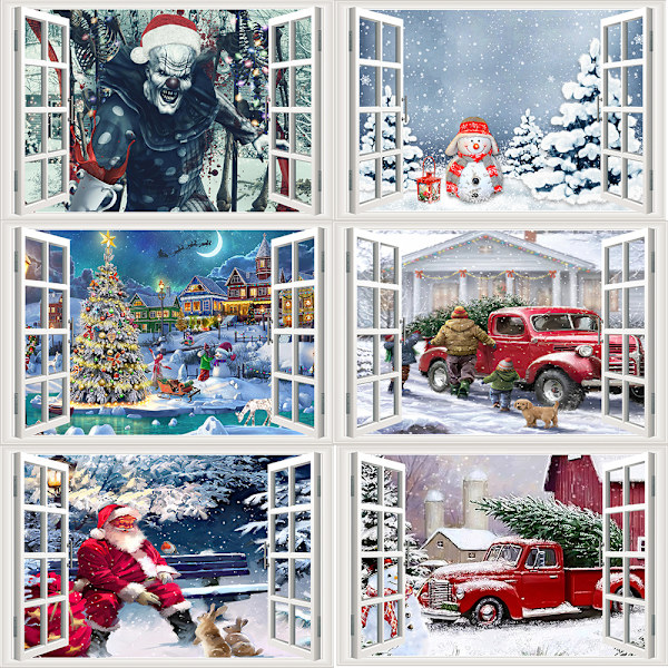 Jul 3D falskt fönster, 60 * 90cm, 6-pack set med tomtenissar