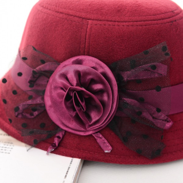 Filthatt Høst Cloche Bucket Blommös Cap Elegant Damer vinrød