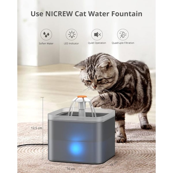 2L, Tyst Katt Vatten Dispenser med Utbytbart Filter, Grå