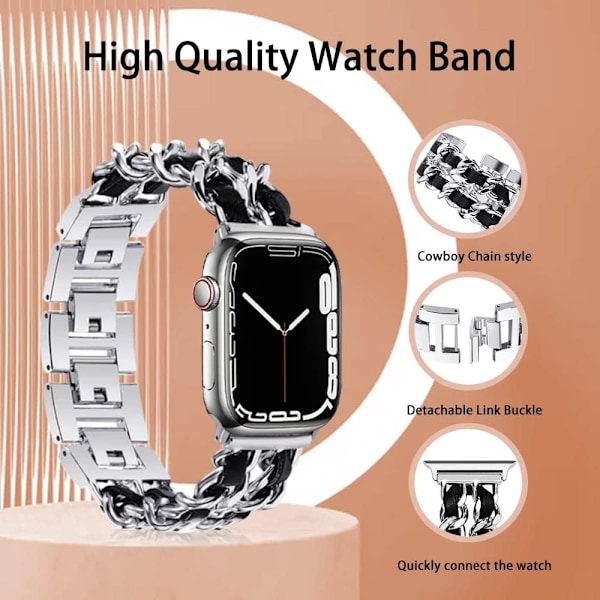 Musta hopeinen 38/40/41mm, rannekoru Apple Watch -sarjaan 9/sarjaan