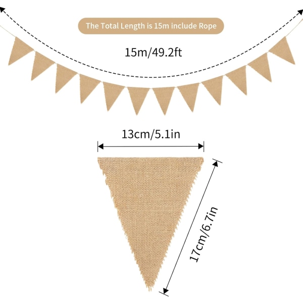 Blomsterkrans flag jute lærred, 15 meter/48 stykker trekantede fl