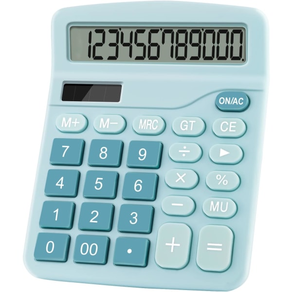 (Blue)Large 12-Digit Dual Powered Basic Desktop Calculator,Solar