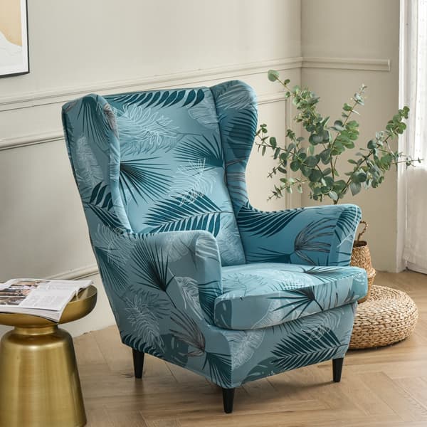 2 st (Lake Blue Leaves) Stretch Wingback fåtöljöverdrag fåtölj