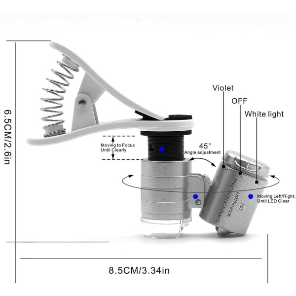 60x zoommikroskopforstørrelsesglass, LED-klips mikrolinse + ultrafiolett