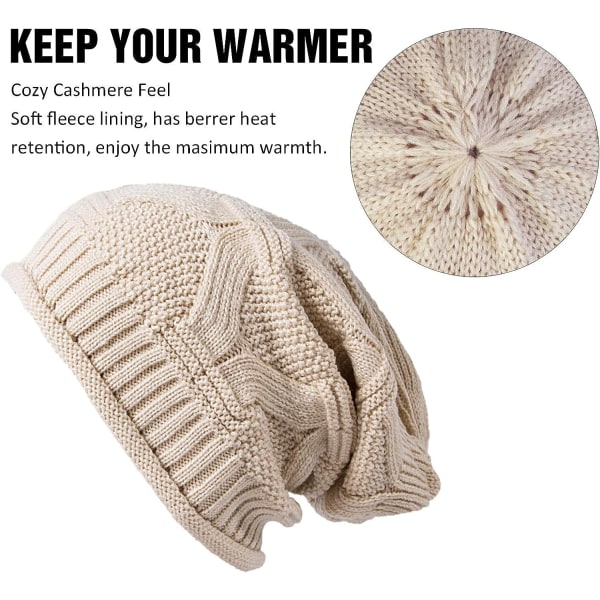 2 stk. Dame Vinterhue med Pompom, Varm Strikket Hue med Fleece