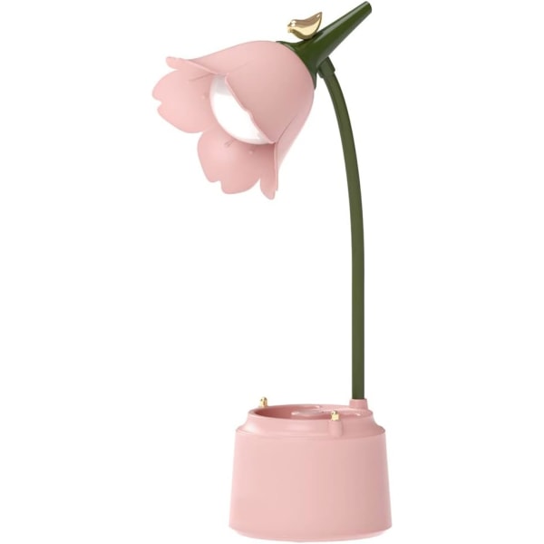 LED-skrivbordslampa (rosa) Barn, USB-laddningsbar blomma fågel bordslampa