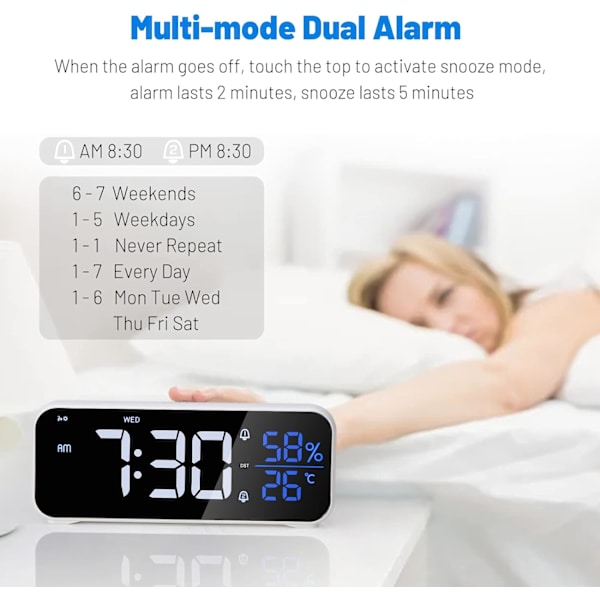 Digital väckarklocka, digital skrivbordsklocka med dubbel snooze-larm