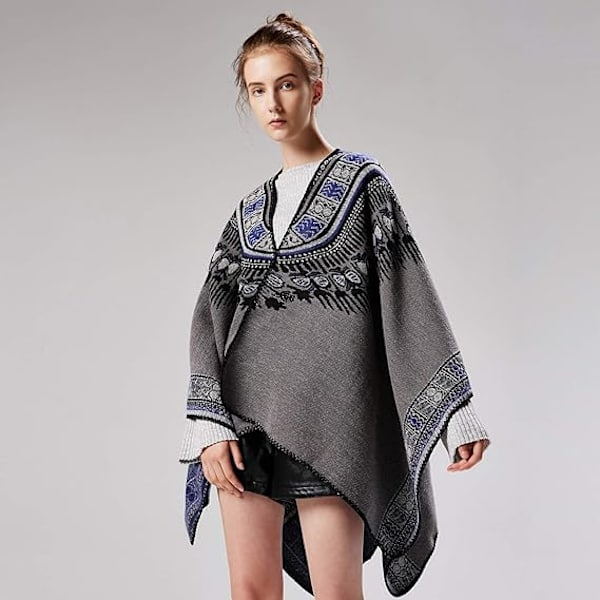 Grå Dam Vintage Poncho Cape Sjal Wrap Cardigan C