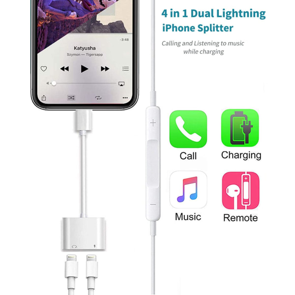 4 i 1 hörlursadapter för iPhone, [Apple Mfi-certifierad] Dubbel L