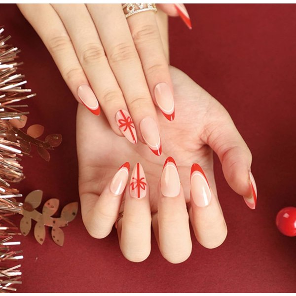 24 st Röd French &flower Stiletto Christmas False Nails Short,