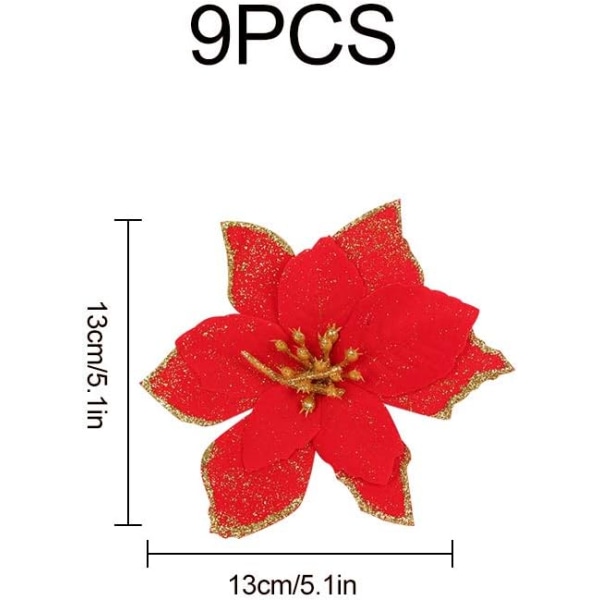 Julglitterblommor, 5,1 tum konstgjorda röda julstjärneblommor