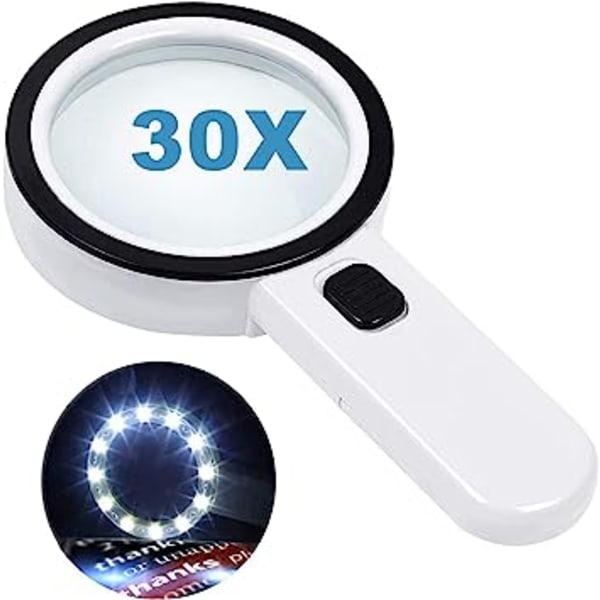 Förstoringsglas med 12 LED-lampor, 30x dubbla glaslinser Handhe