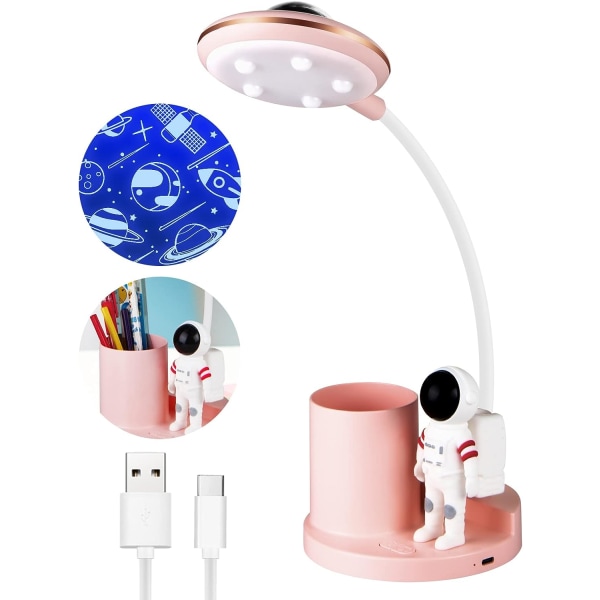 (Rosa) Bordlampe for barn Oppladbar med projeksjon, dimmende LED