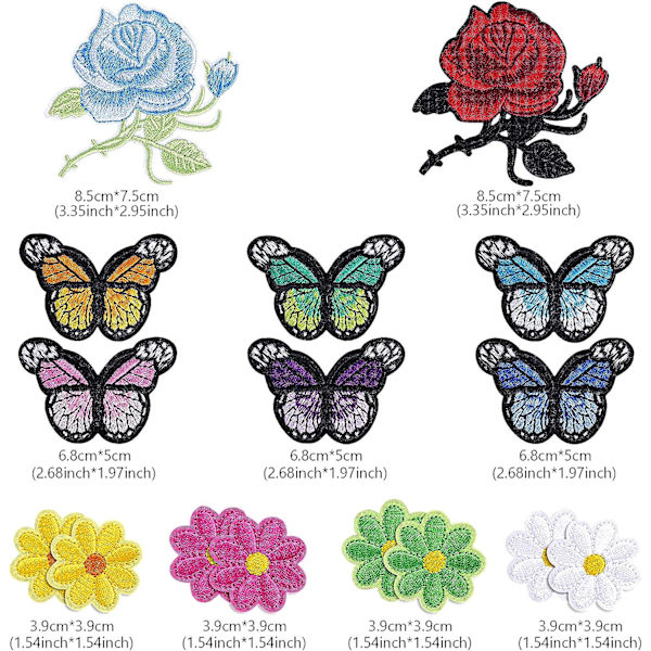 16 stk Blomsterbroderi Strykejern-på Patch, Sommerfuglbroderi S