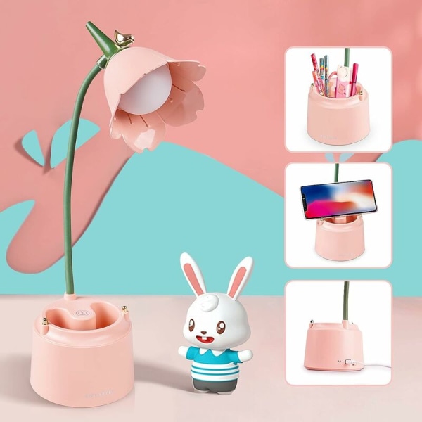Liten skrivebordslampe, berøringskontroll oppladbar LED-skrivebordslampe med 360° sammenleggbar justerbar nakke, Kawaii soveromstilbehør, dimbar søt skrivebordslampe, rosa