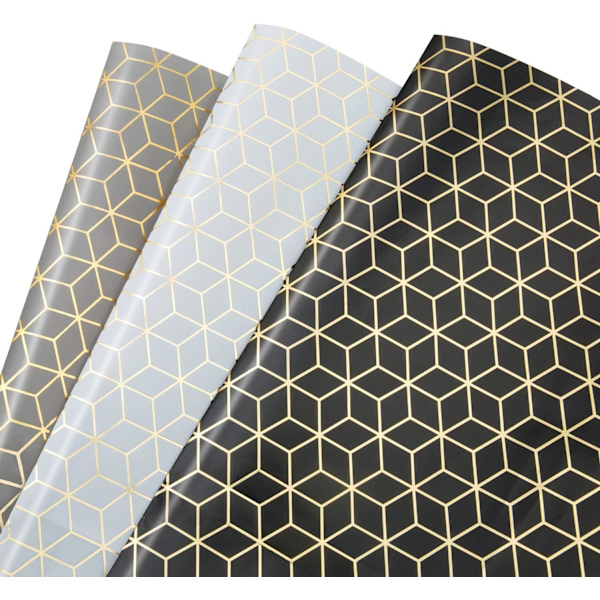 Presentpapper, Set med 3 geometriska mönster Guld Presentpapper