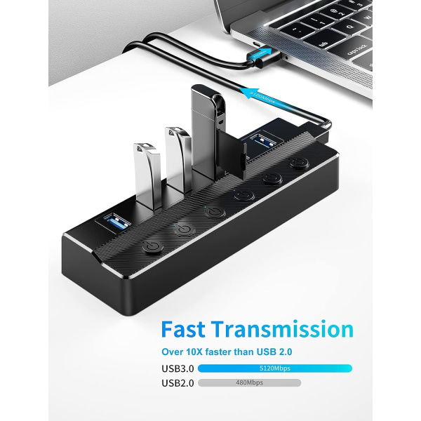 6-portars USB 3.0-hubb, bärbar USB-splitter med individuella på/av-brytare