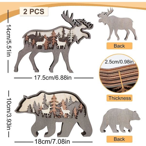 Set med 2 3D träväggdekor hjort och björn träd och berg rost