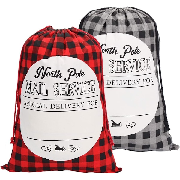 2 stk. Jule Buffalo Plaid Canvas Julemandssække med snørelukning,