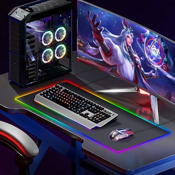 XXL Musemåtte, 900x400 Stor Gaming Musemåtte, 12 LED Lys Pa